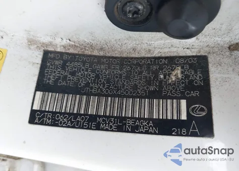 2004 Lexus Es 330 z USA, uszkodzony, nr VIN JTHBA30GX45002351